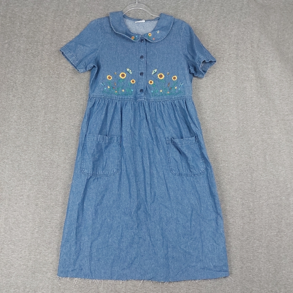 Bobbie Brooks Blue Denim Midi Dress with Yellow Floral Embroidery
